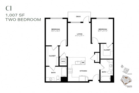 Floor plan for 2 beds, 2 baths, 1007 sqft